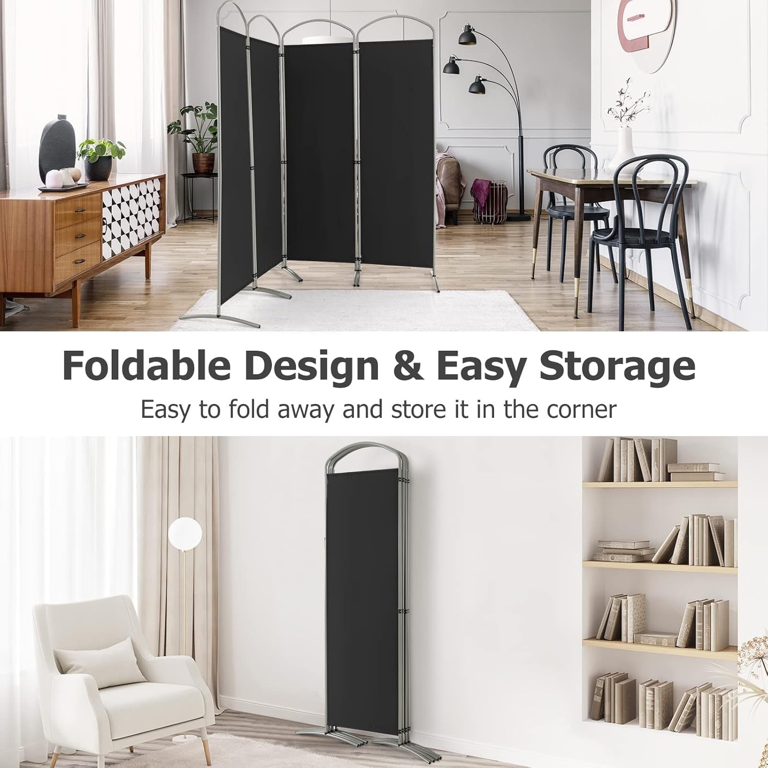 4 Panel Black Folding Room Divider Privacy Screen for Bedroom Office Decor 188cm