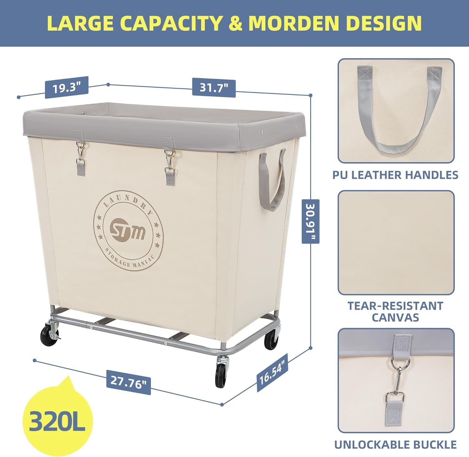 320L Industrial Laundry Hamper on Wheels | Heavy-Duty Cart | Large Canvas Bin