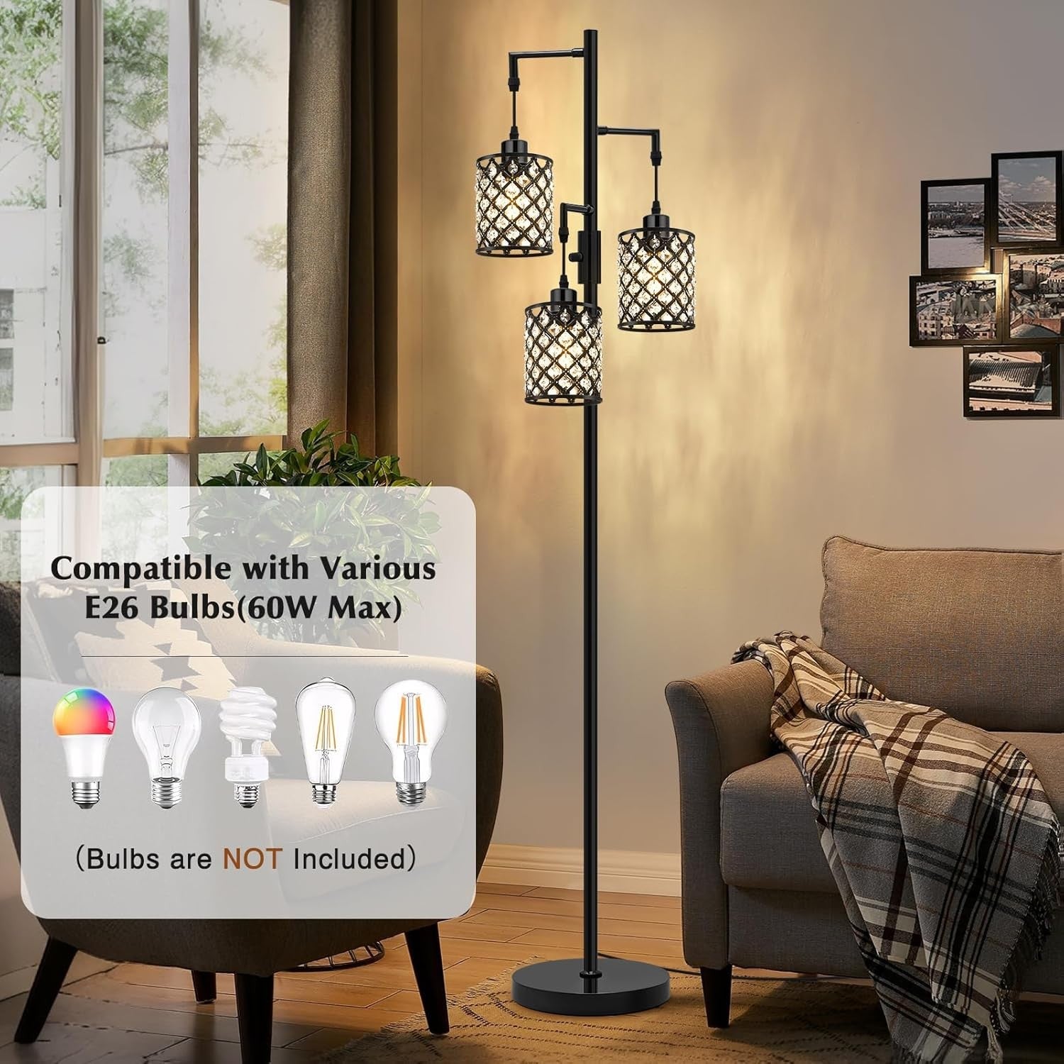Black Crystal Floor Lamp 3 Light Standing Tall Modern Living Room Light