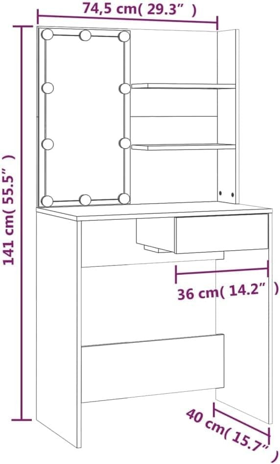 Grey Vanity Dressing Table w/ LED Light & USB Port Mirror Stool Storage Wood
