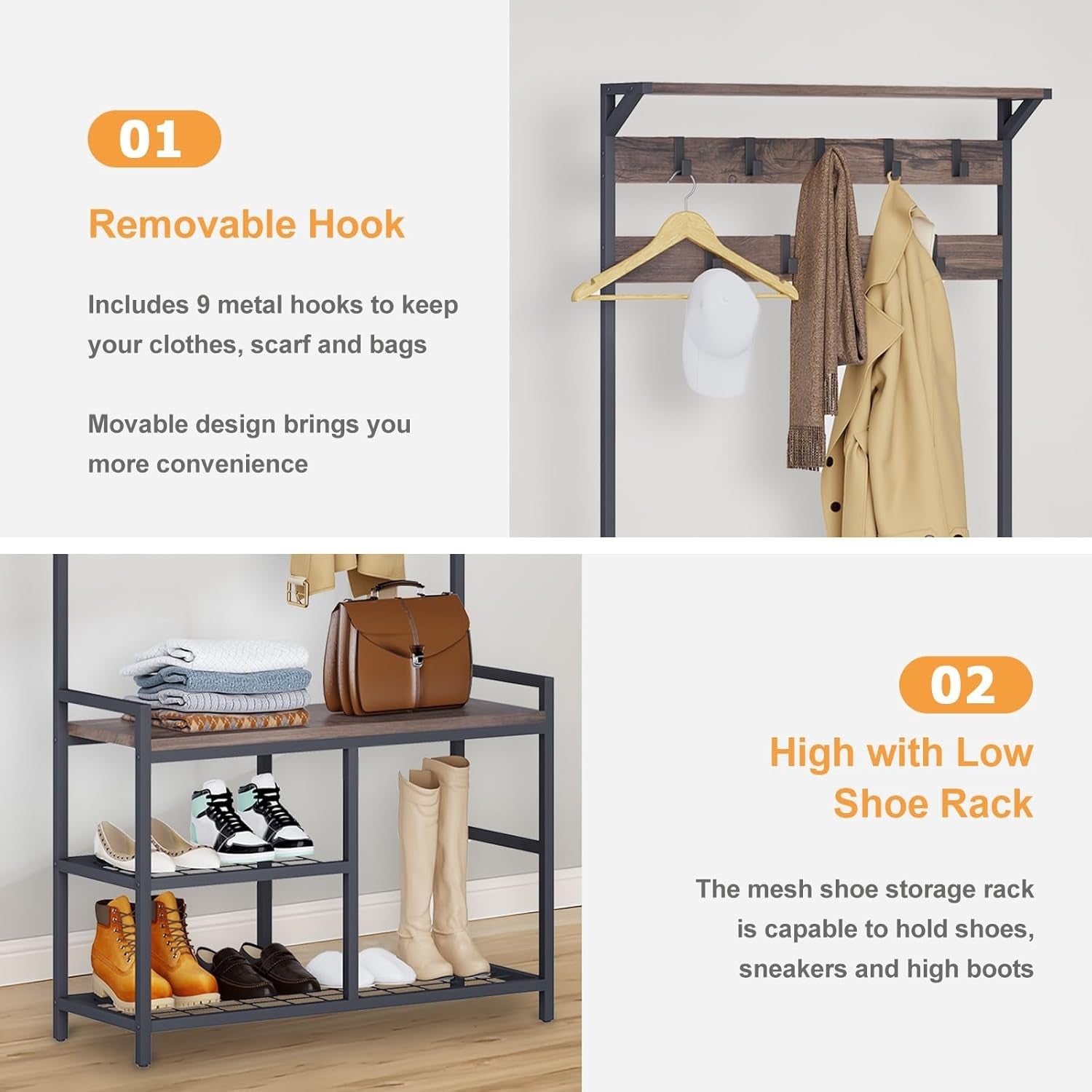 Industrial Coat Rack with Shoe Bench & 9 Hooks | Vintage Brown Hall Tree