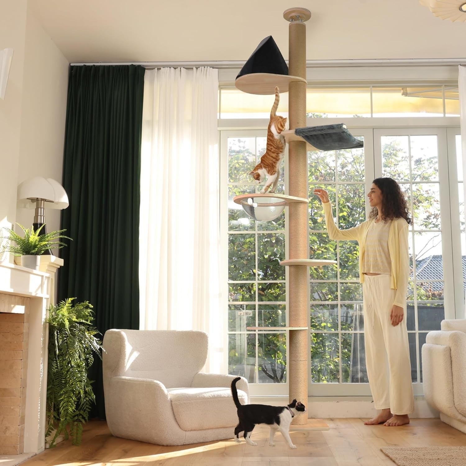 Floor to Ceiling Cat Tree Tower 6 Level Adjustable Scratching Post Capsule Bed