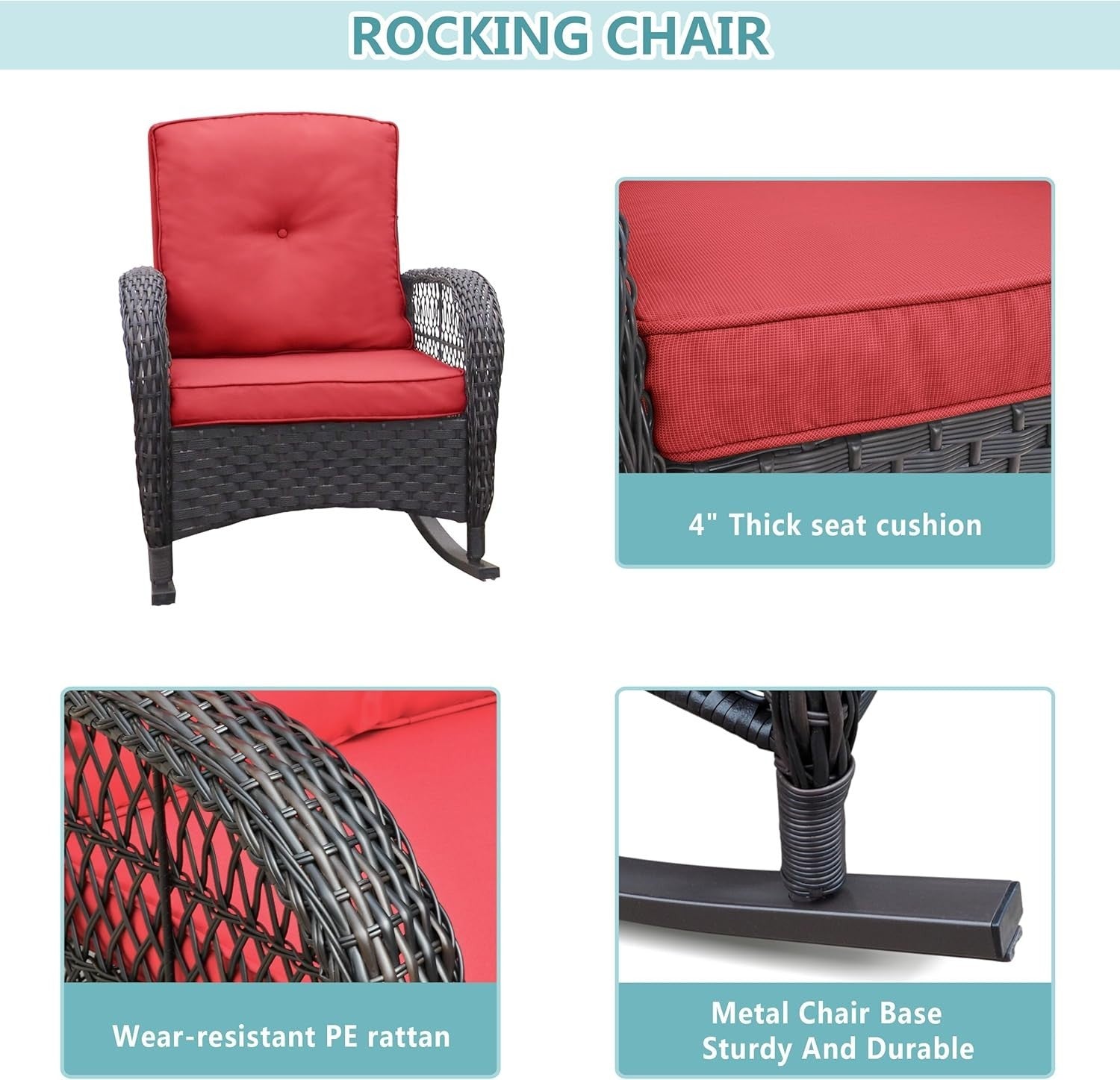 2 Seater Rocking Rattan Bistro Set Patio Chairs with Cushions Glass Table