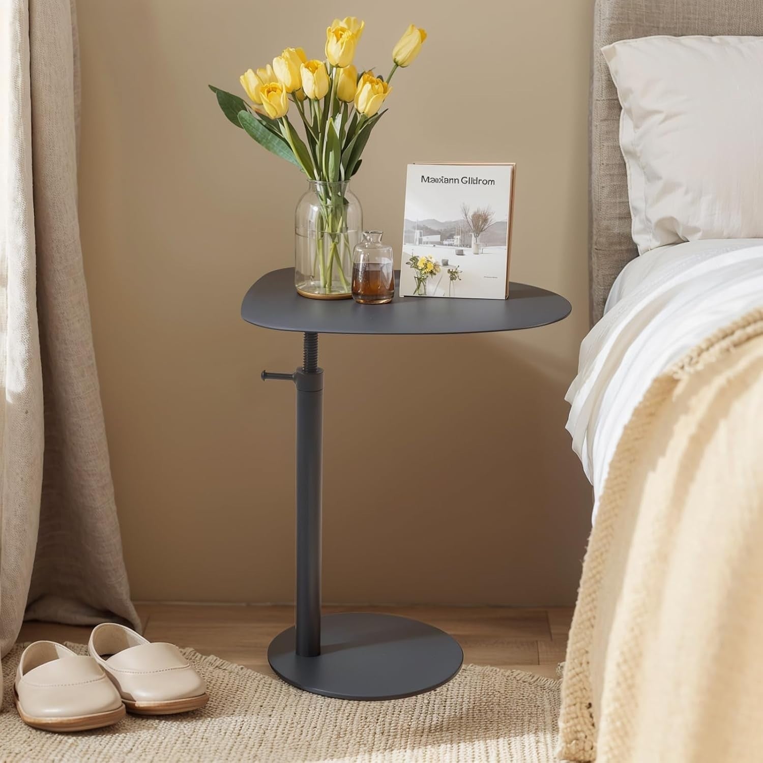 C Shaped Black Metal End Table Sofa Bedside Laptop Stand Small Space