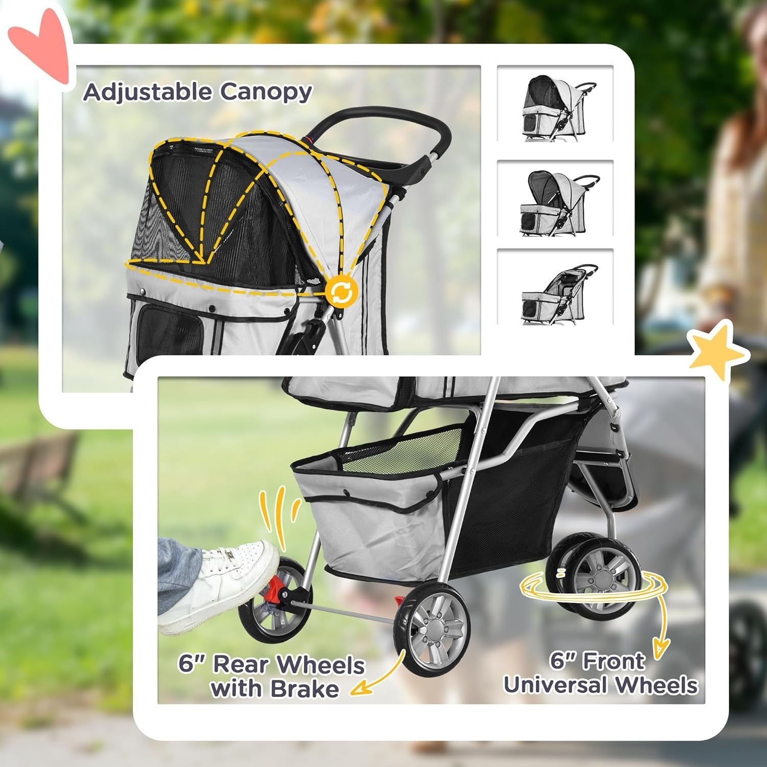 Dog Stroller 3-Wheel Foldable Pet Pram Small Dogs Cats Grey Lightweight