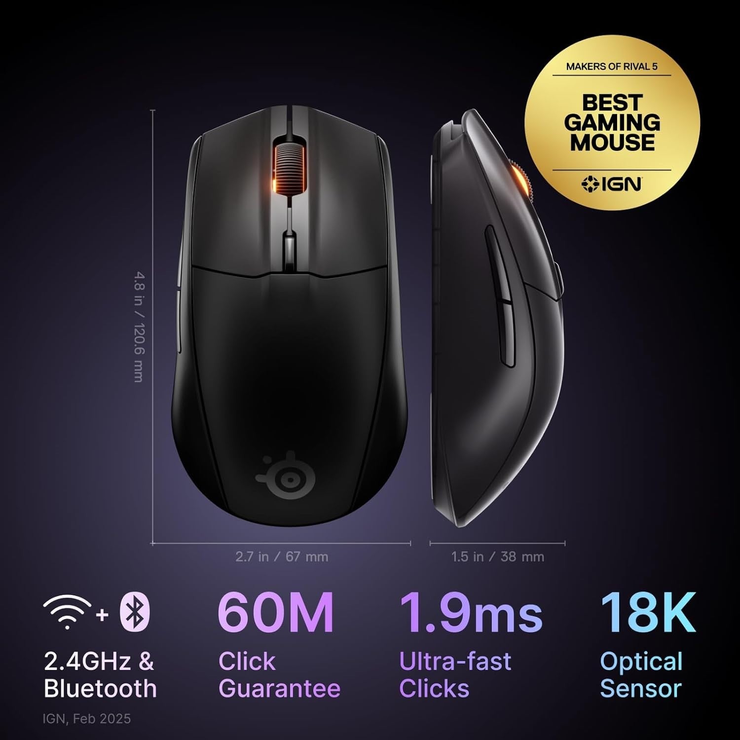 Wireless Gaming Mouse 18000 DPI Bluetooth 2.4GHz 60M Click Black
