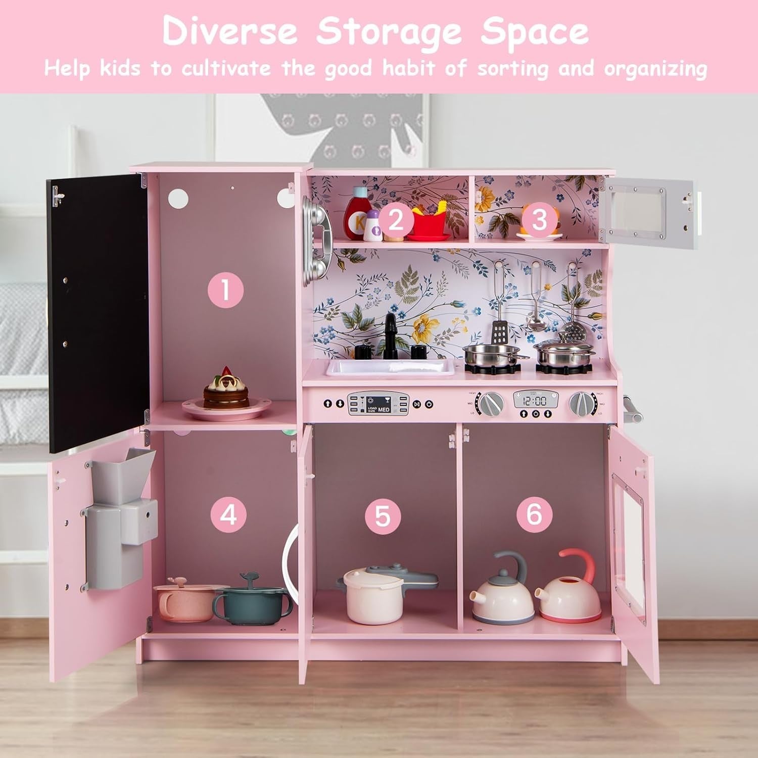 Kids Wooden Play Kitchen Pretend Cooking Set Microwave Ice Maker Pink