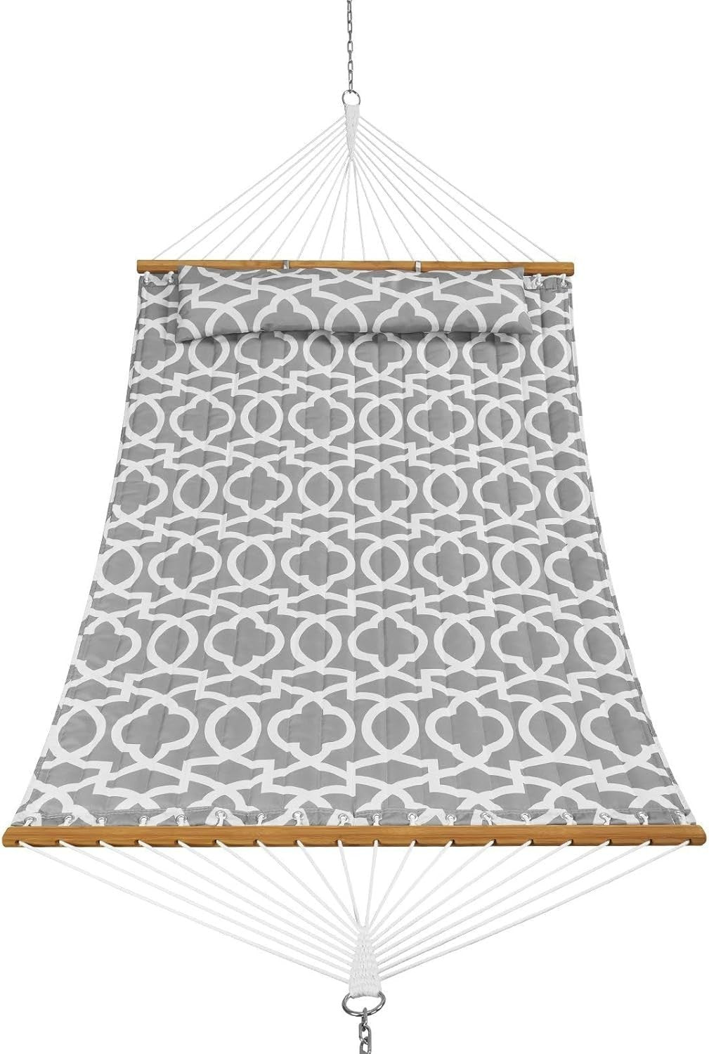 Luxury Double Hammock with Pillow – Quilted Fabric, Hardwood Spreaders, 480lb