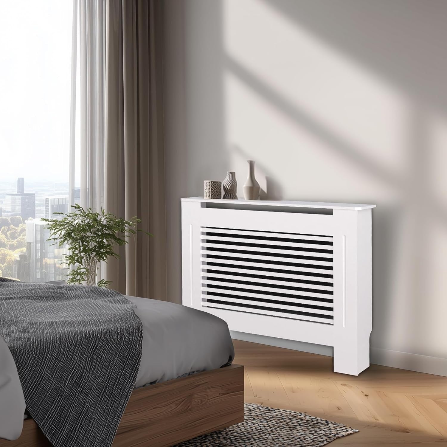 White Radiator Cover 90cm High MDF Horizontal Slats Modern Heater Cabinet