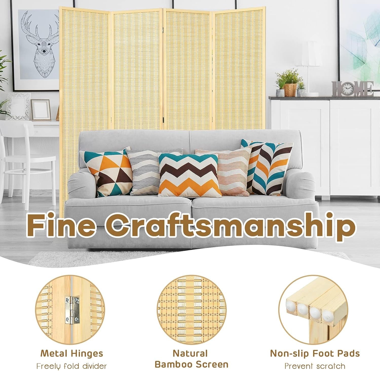 4 Panel Bamboo Folding Room Divider Natural Privacy Screen for Bedroom Office
