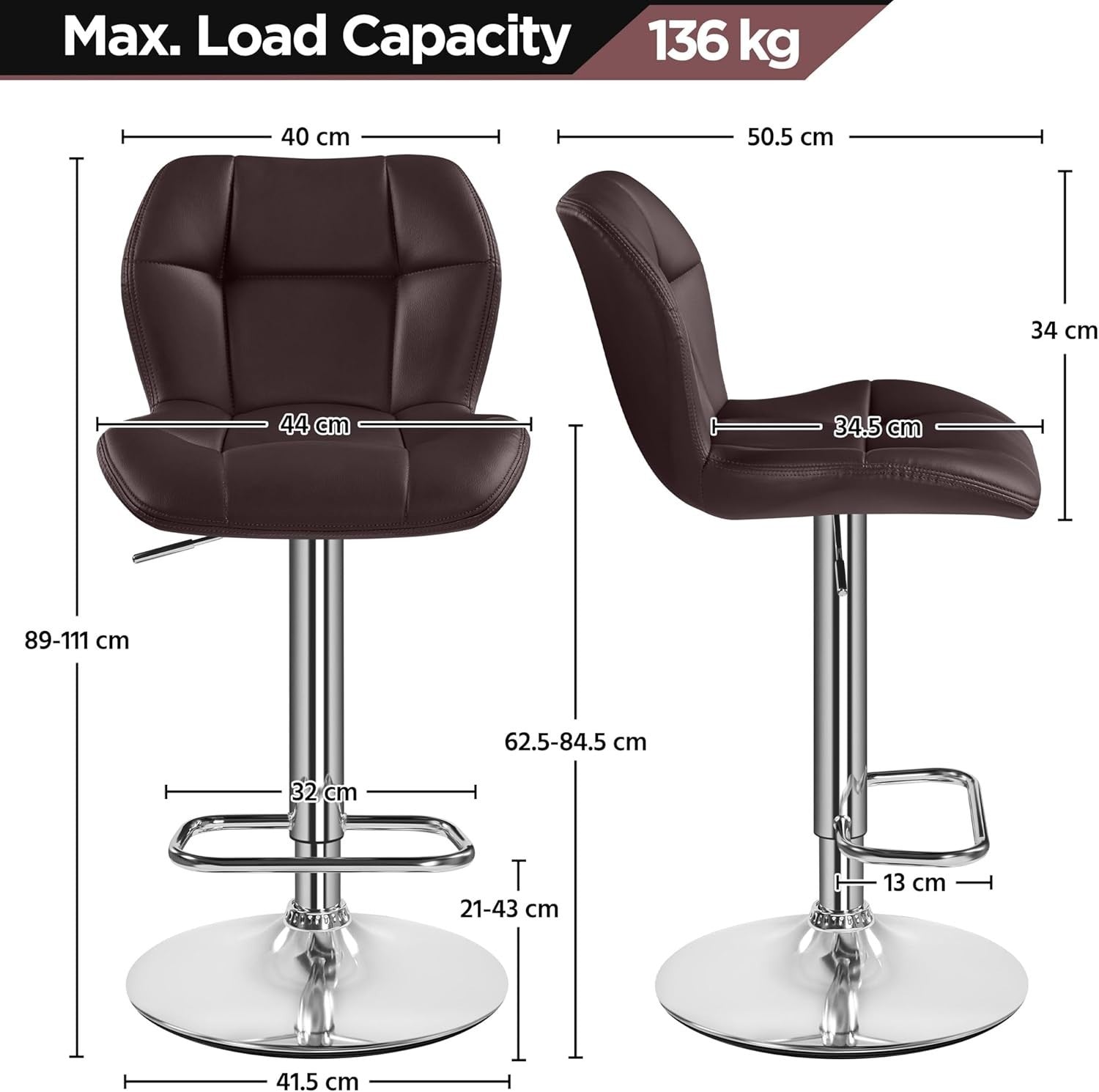 Adjustable Swivel Bar Stools Set of 2 Brown PU Counter Chairs
