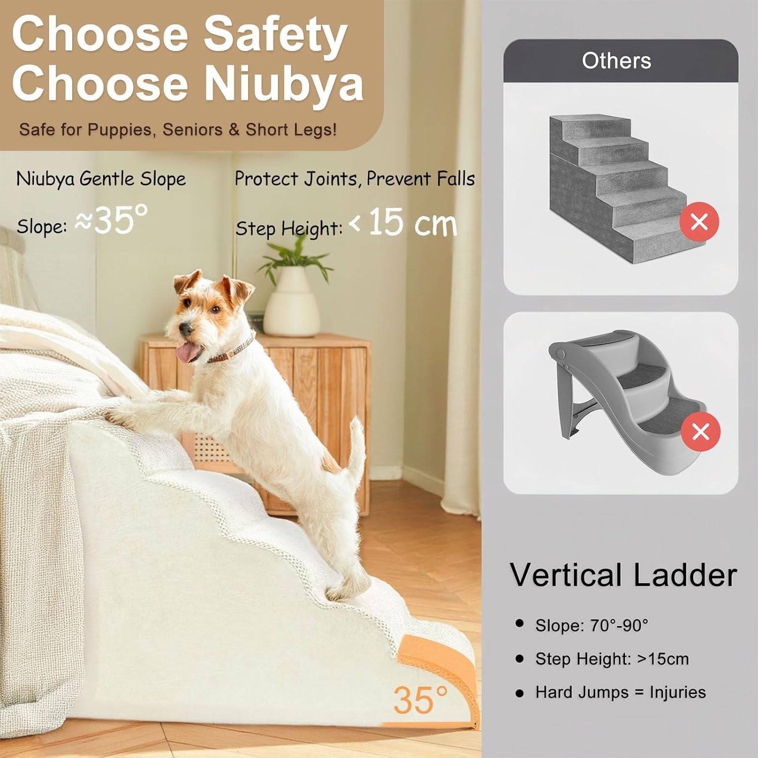 3 Step Dog Stairs Foam Pet Ramp for Sofa Bed Non Slip Beige