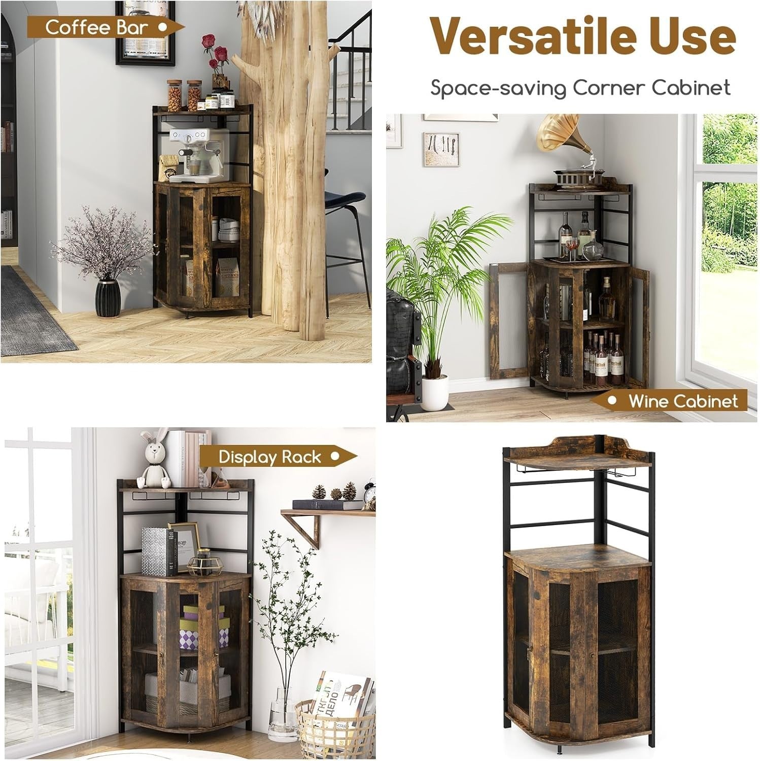 Corner Bar Cabinet with Wine Rack, Glass Holders & Shelf Rustic Industrial Unit