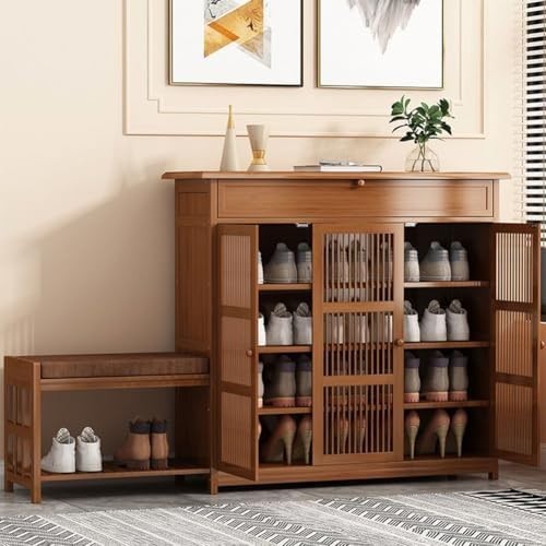 Brown Shoe Storage Cabinet with Seat & Drawer – 4-Tier Hallway Bench 99cm