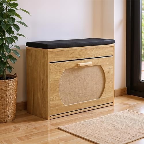 Wood Shoe Storage Bench with Cushion & Flip Drawer – Modern Hallway Seat