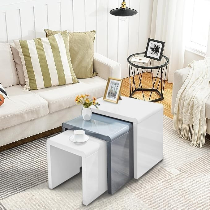 Space Saving Nesting Coffee Table Set Grey/White Tempered Glass Top Modern
