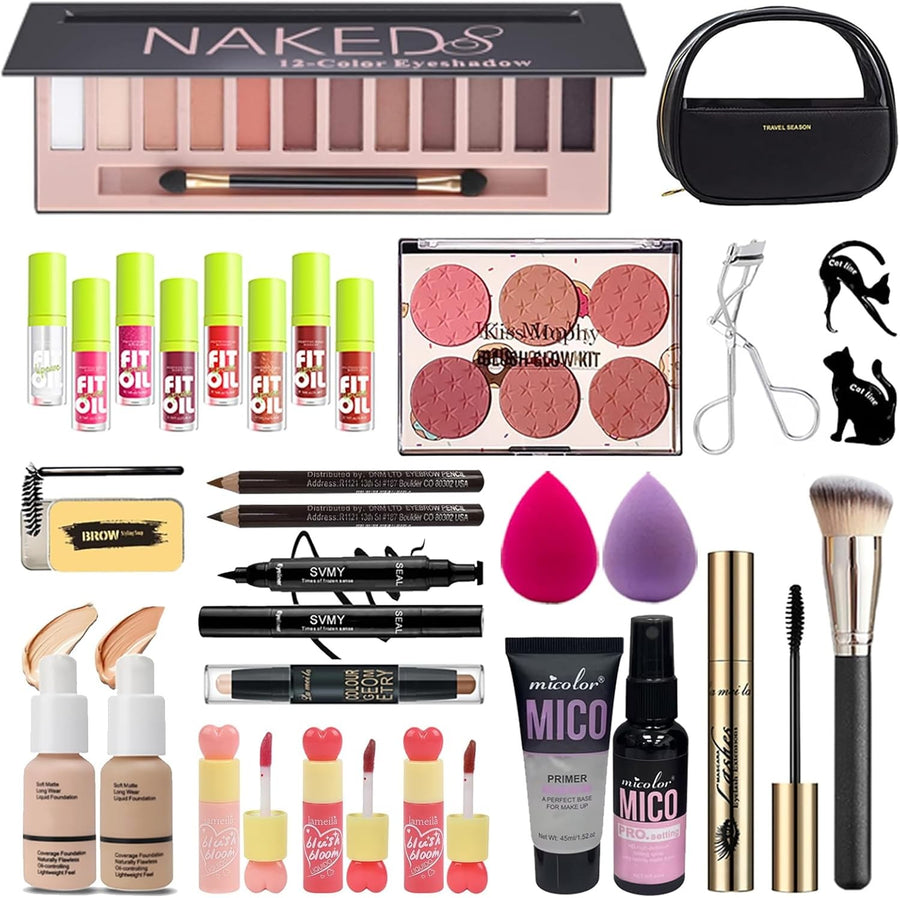 All-in-One Makeup Kit – Eyeshadow, Lipstick, Brushes & Case
