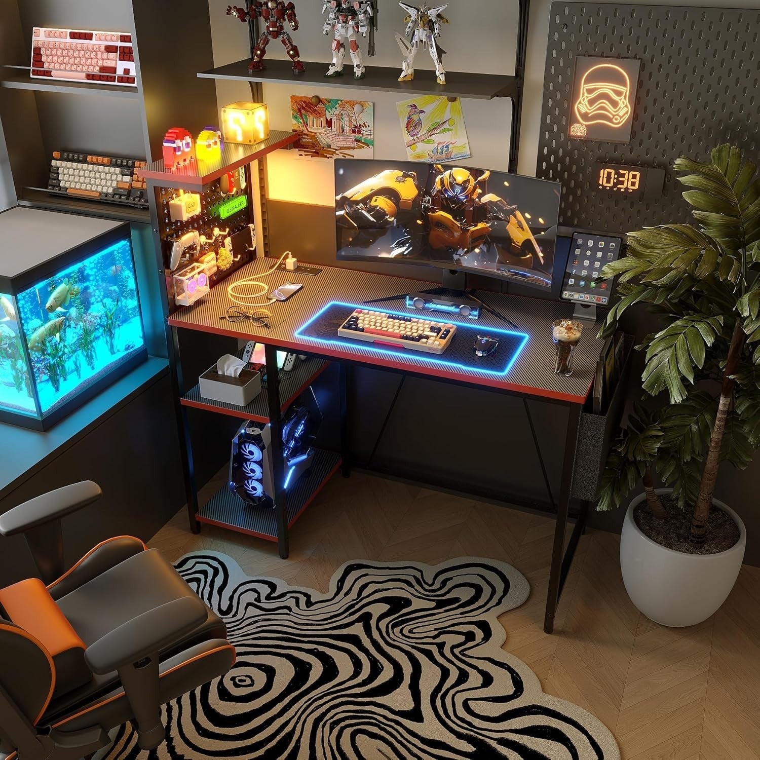 Gaming Desk 100x50cm w/RGB LED, Power Hub, Pegboard & Reversible Shelf Black