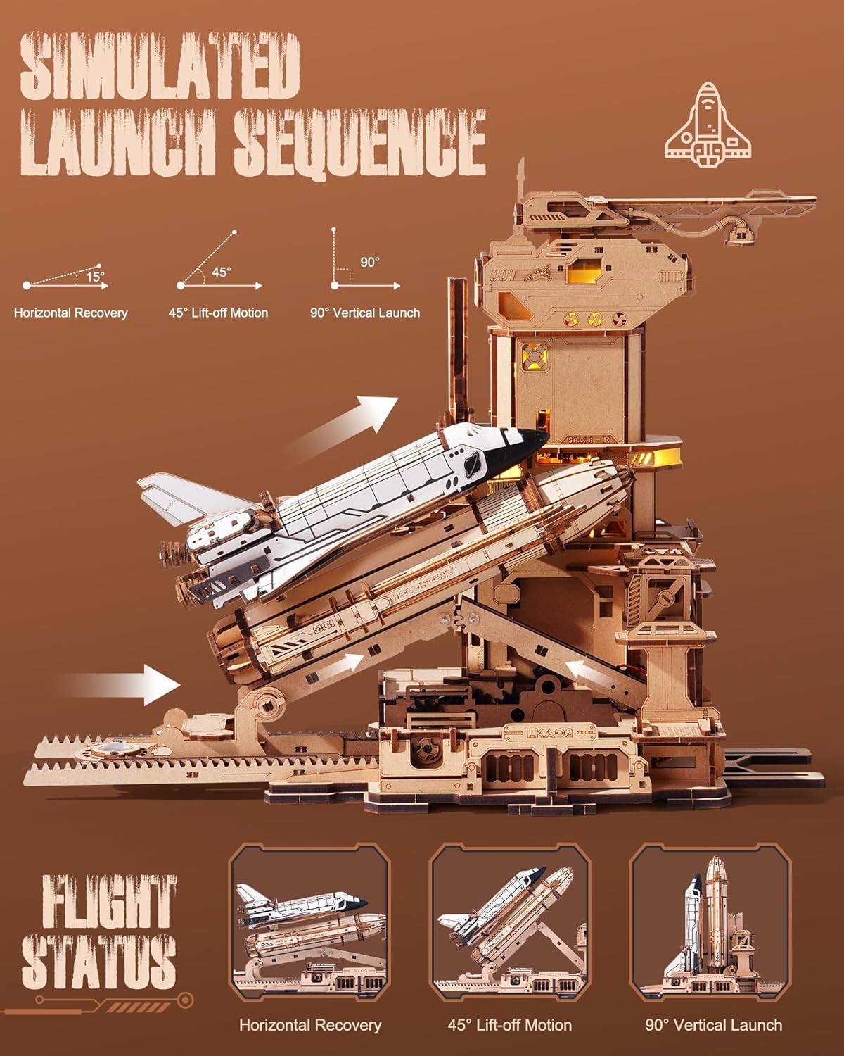 3D Space Shuttle Launch Model Kit DIY Wooden Puzzle w Lights Motion