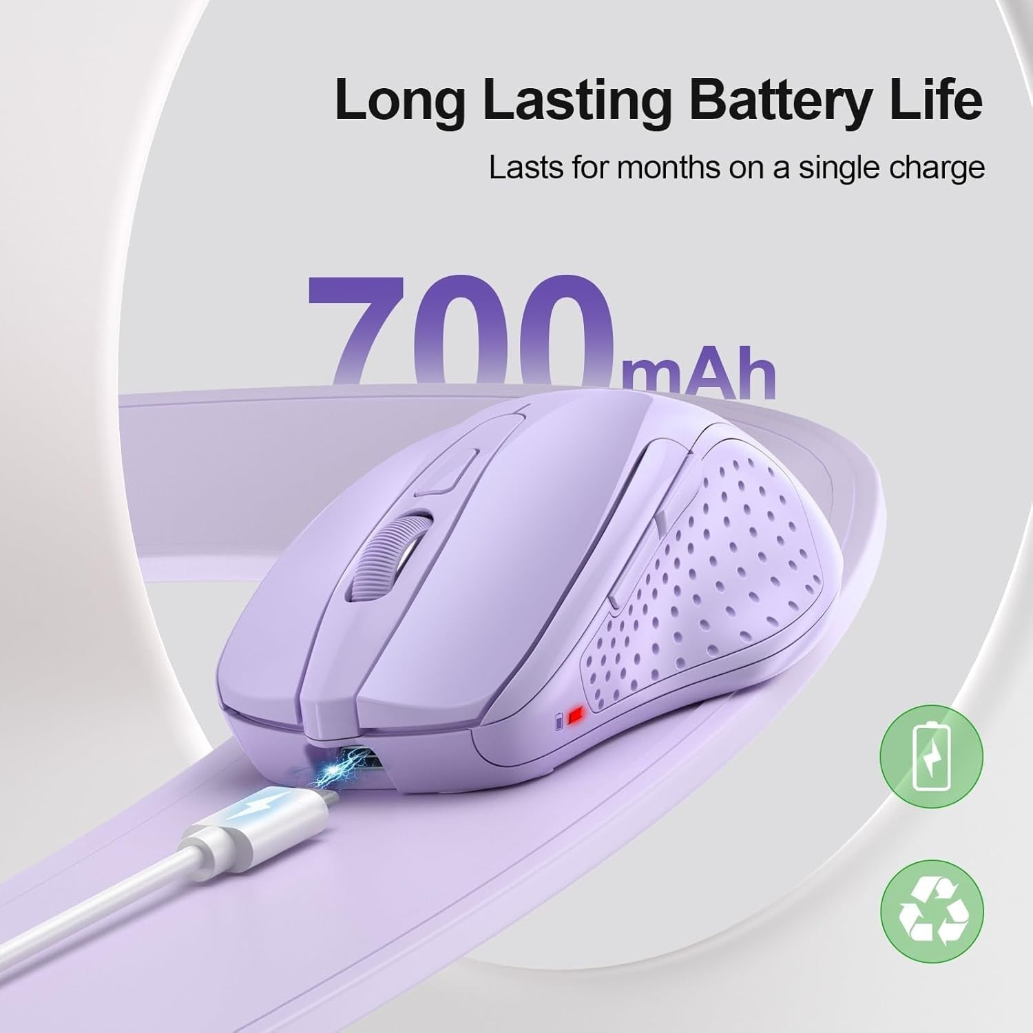 Silent Rechargeable Wireless Mouse Tri Mode Bluetooth 4800DPI Ergonomic Purple