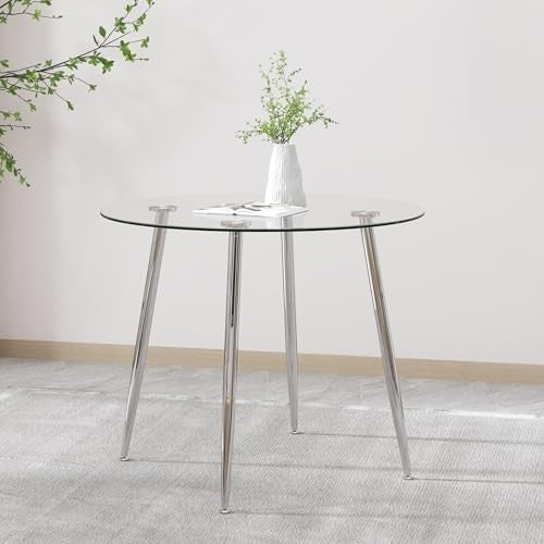 Round Glass Dining Table Silver Metal Legs Modern 80cm Kitchen Table