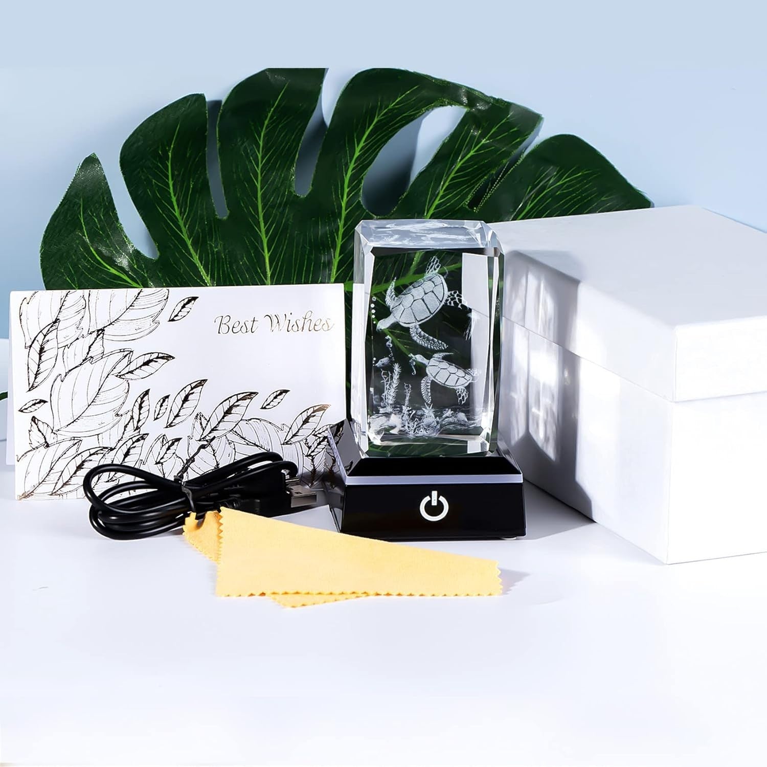 3D Crystal Sea Turtle Figurine with LED Light • Engraved Glass Ocean Gift