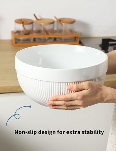 White Ceramic Mixing Bowls Set of 3 – Microwave & Dishwasher Safe, Nesting