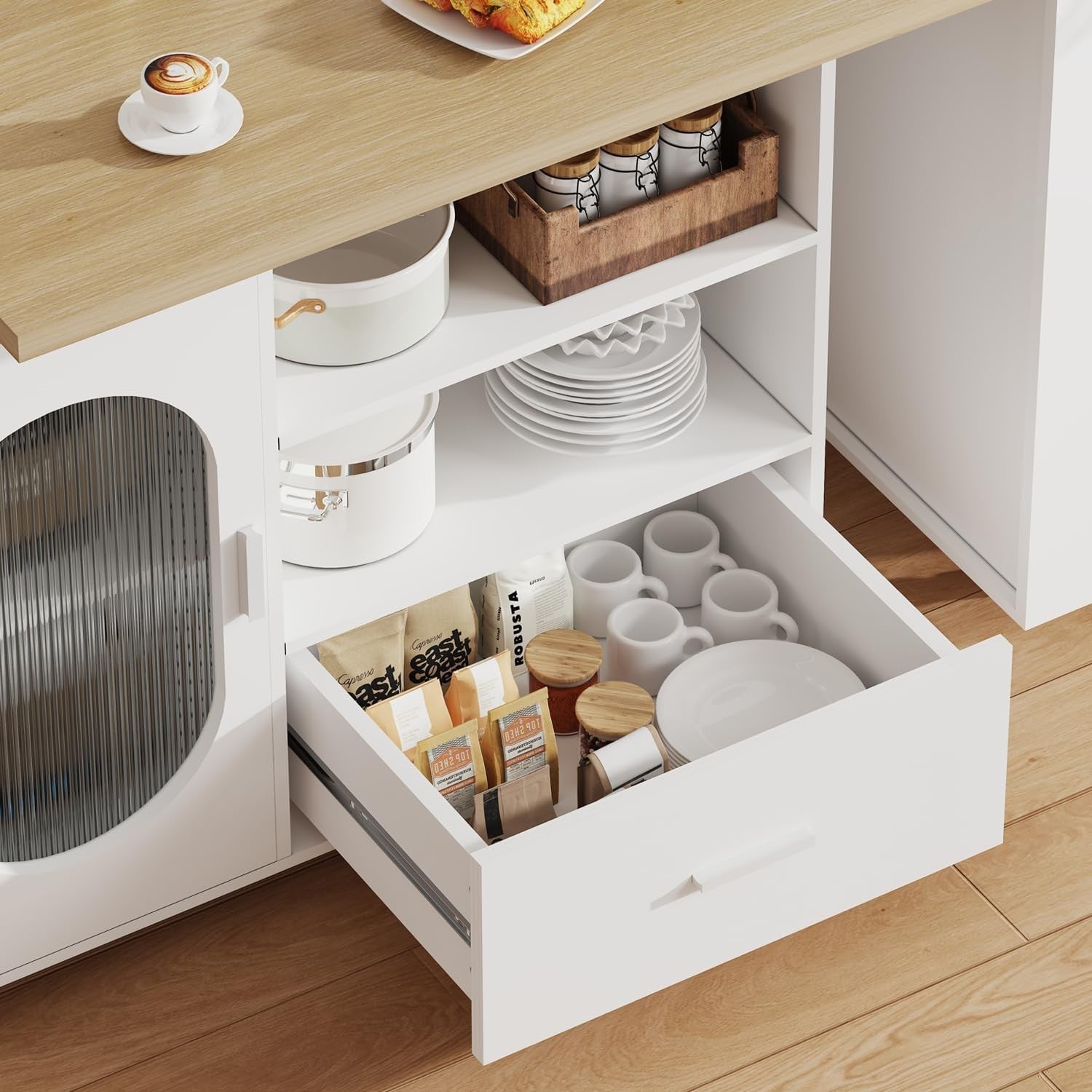 White Modern Kitchen Island on Wheels with 360° Rotating Top, Storage & Drawers