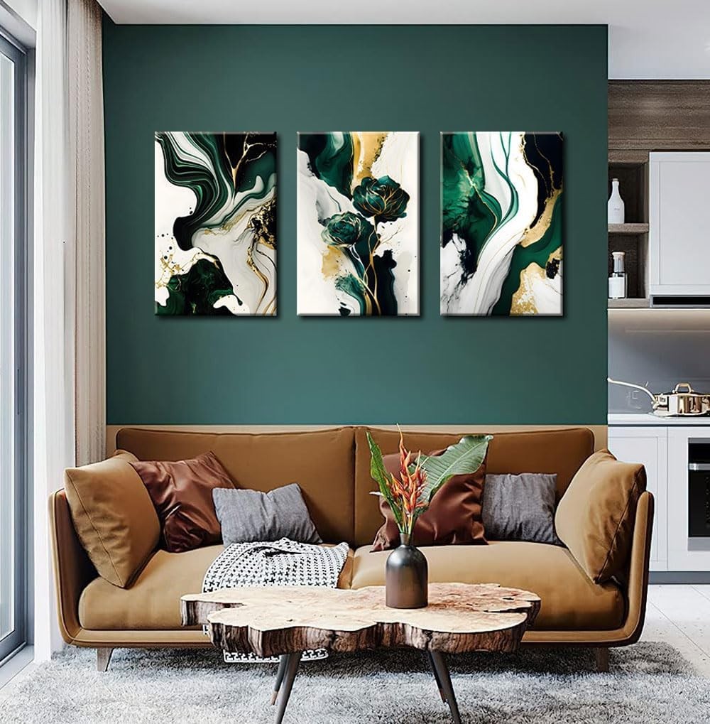 Emerald Green Gold Abstract Canvas Wall Art 3 Piece Set