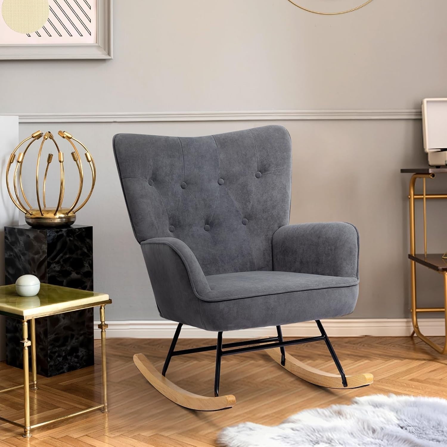 Velvet Rocking Chair for Lounge, Nursery or Bedroom – Wood Legs, Armrest