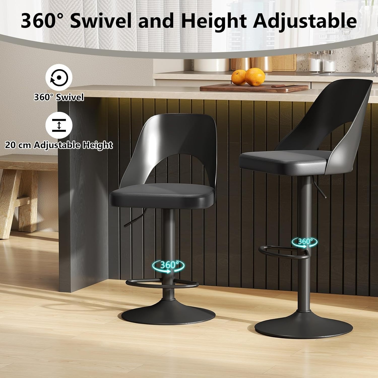 Set of 2 Adjustable Black PU Leather Swivel Bar Stools for Kitchen Counter