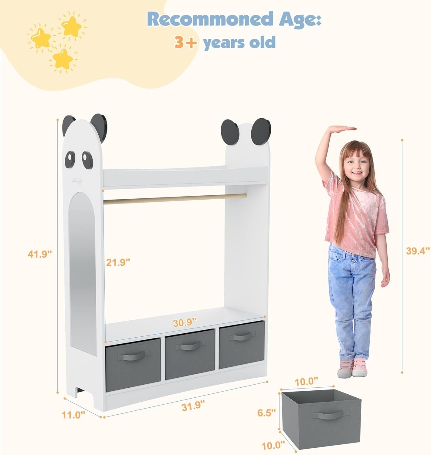 Kids Dress Up Wardrobe with Mirror, Hanging Rail & Drawers for Clothes Storage
