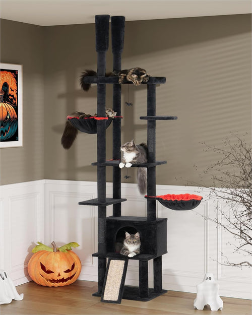 Floor to Ceiling Cat Tree 224–270cm Tall Cat Tower Condo Hammocks Gothic Black