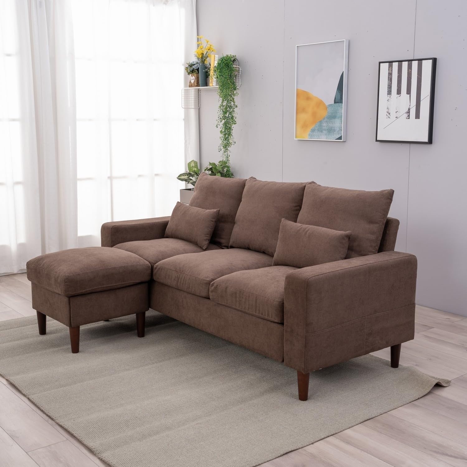 3 Seater Sofa with Footstool Brown Linen Reversible Chaise Cushioned Modern Couc