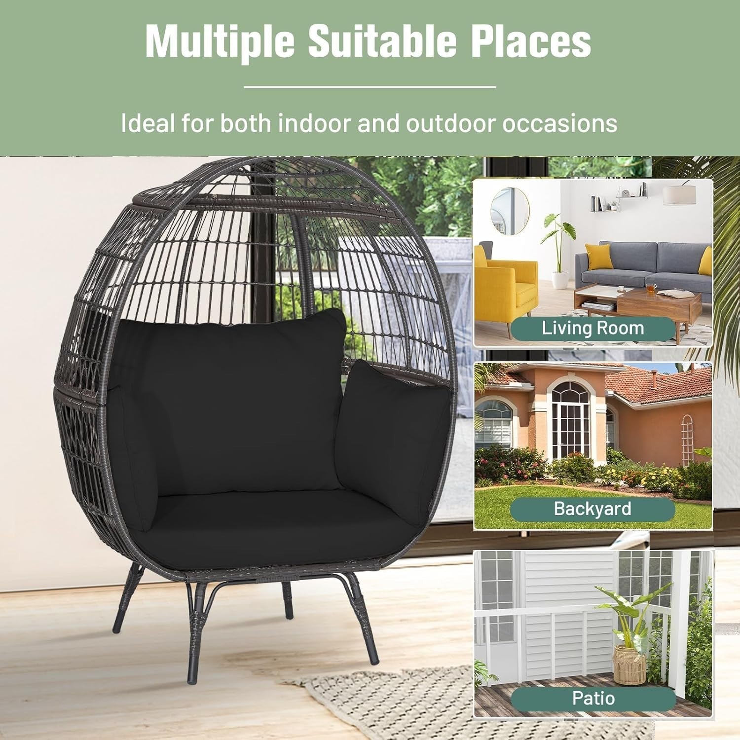 Black Two Seater Rattan Egg Chair Oversized Cushioned Freestanding Lounger