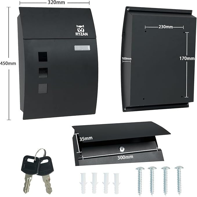 Waterproof Wall Mounted Mailbox Outdoor Lockable Steel Post Box 32x10x45cm