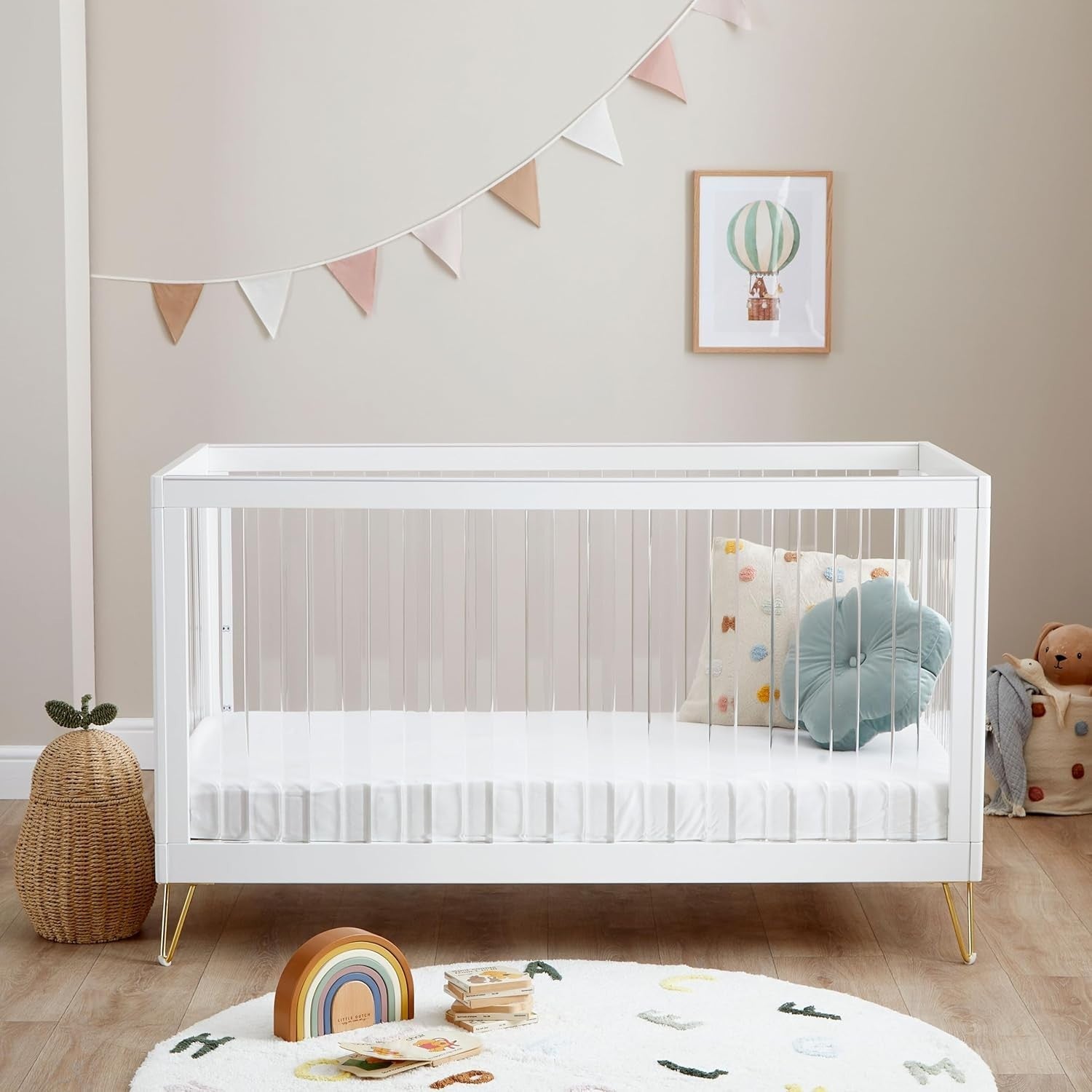 3pc Acrylic Nursery Furniture Room Set Cot Bed Chest Drawers Adjustable Modern