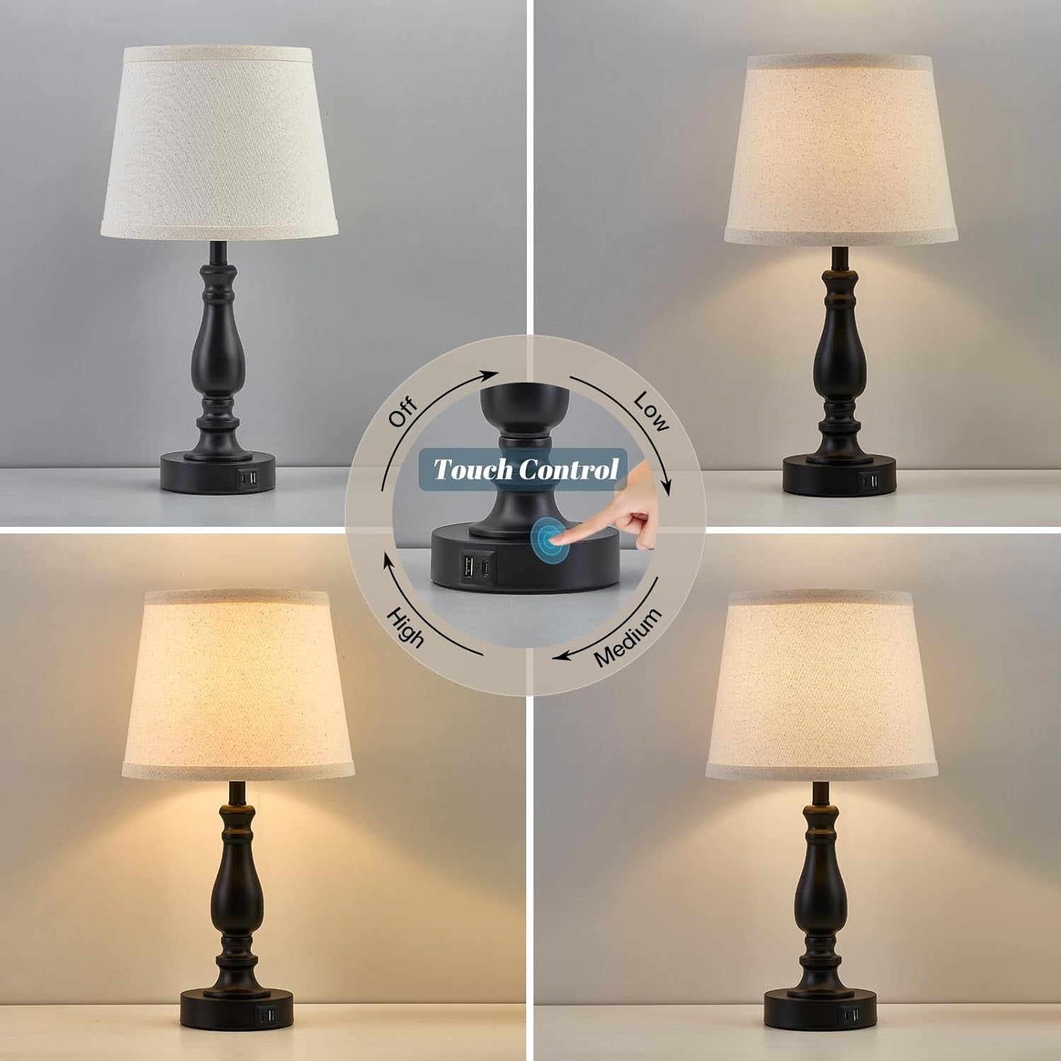 Touch Control Bedside Lamps Set of 2 with USB C+A Ports, Dimmable Nightstand Lig