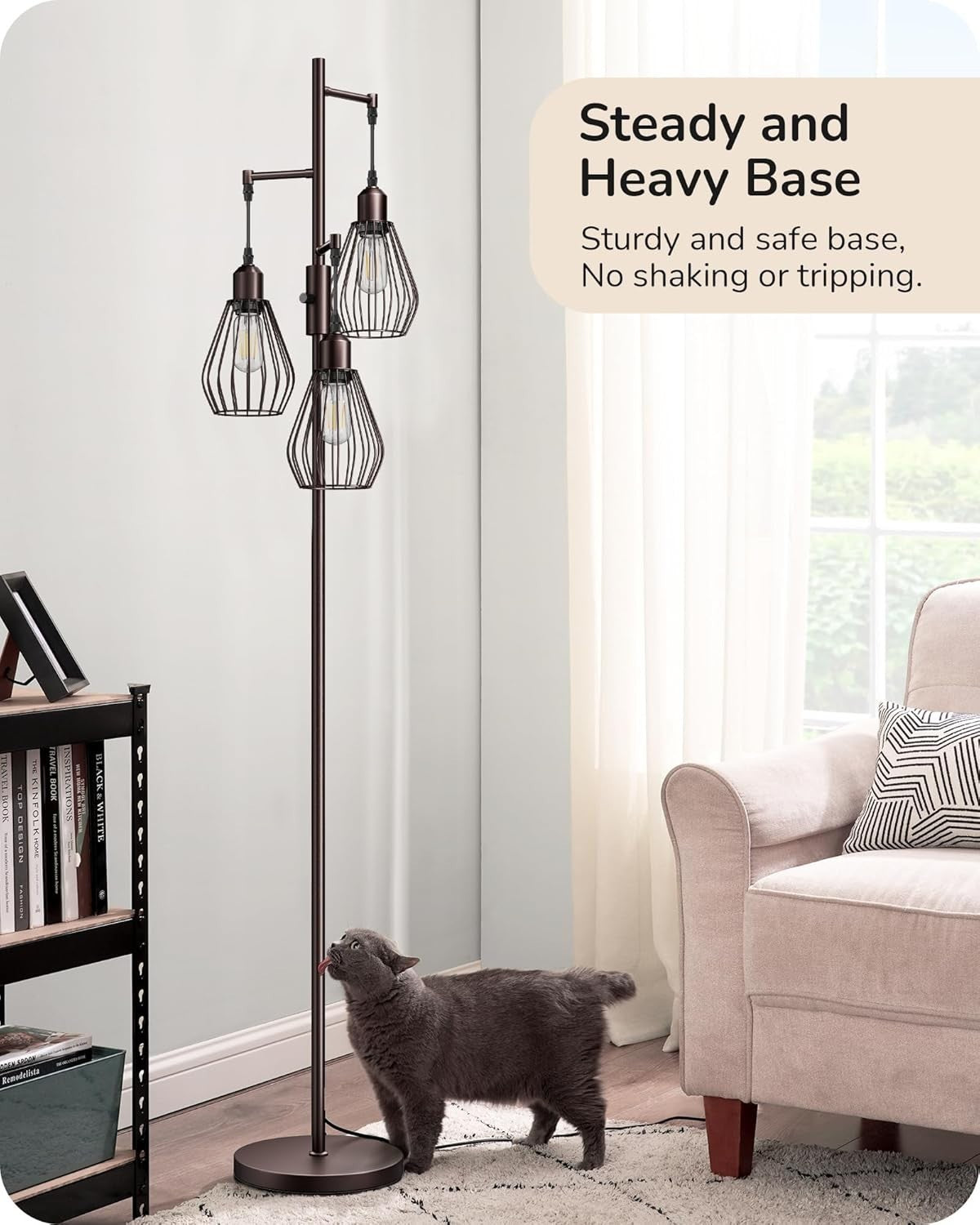 Dimmable Industrial Floor Lamp with Wire Cage Shades & 3 LED Bulbs