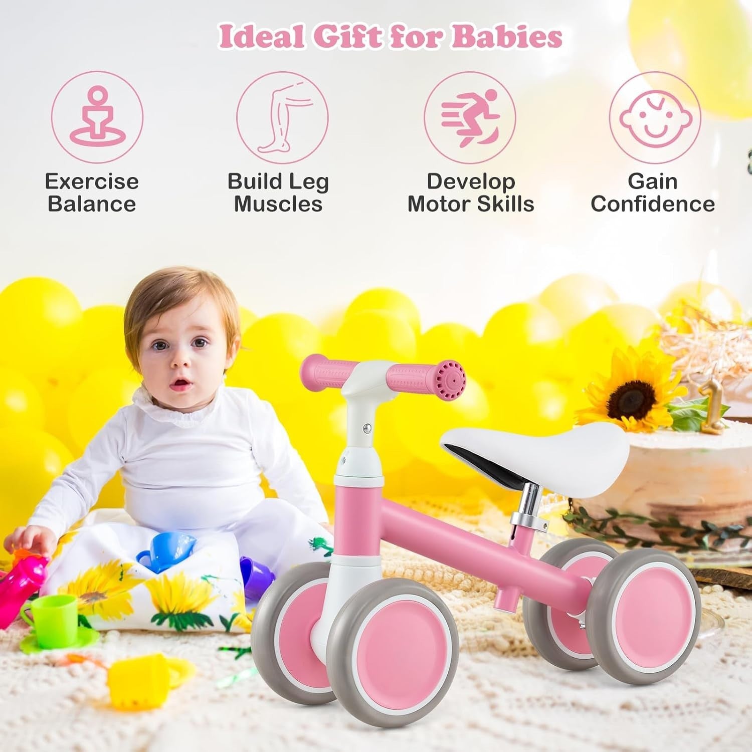 Baby Balance Bike 4 Wheel Toddler Ride On Adjustable Seat 1-3 Years