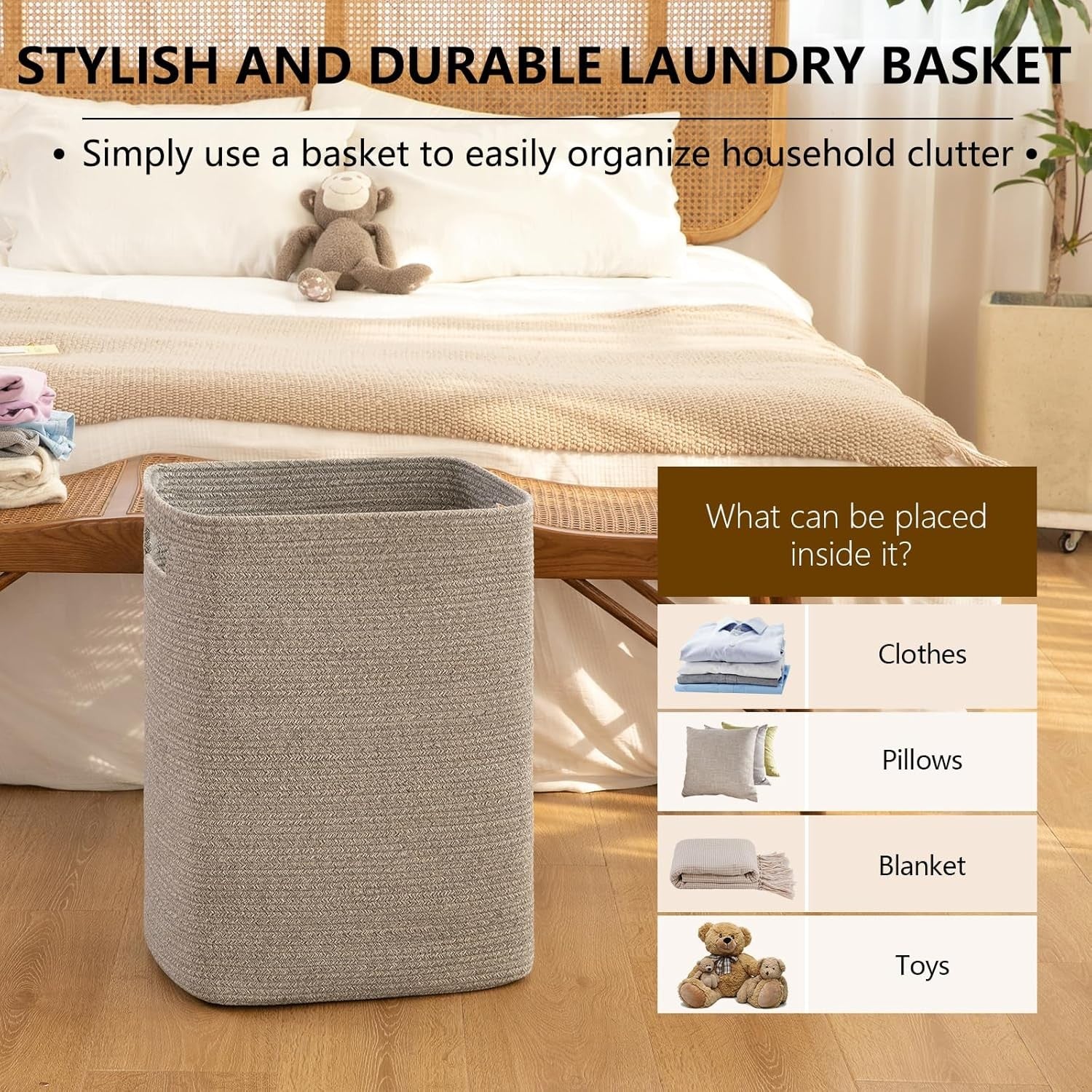 Large Woven Laundry Basket with Handles 16x13x22in Grey Cotton Storage Hamper