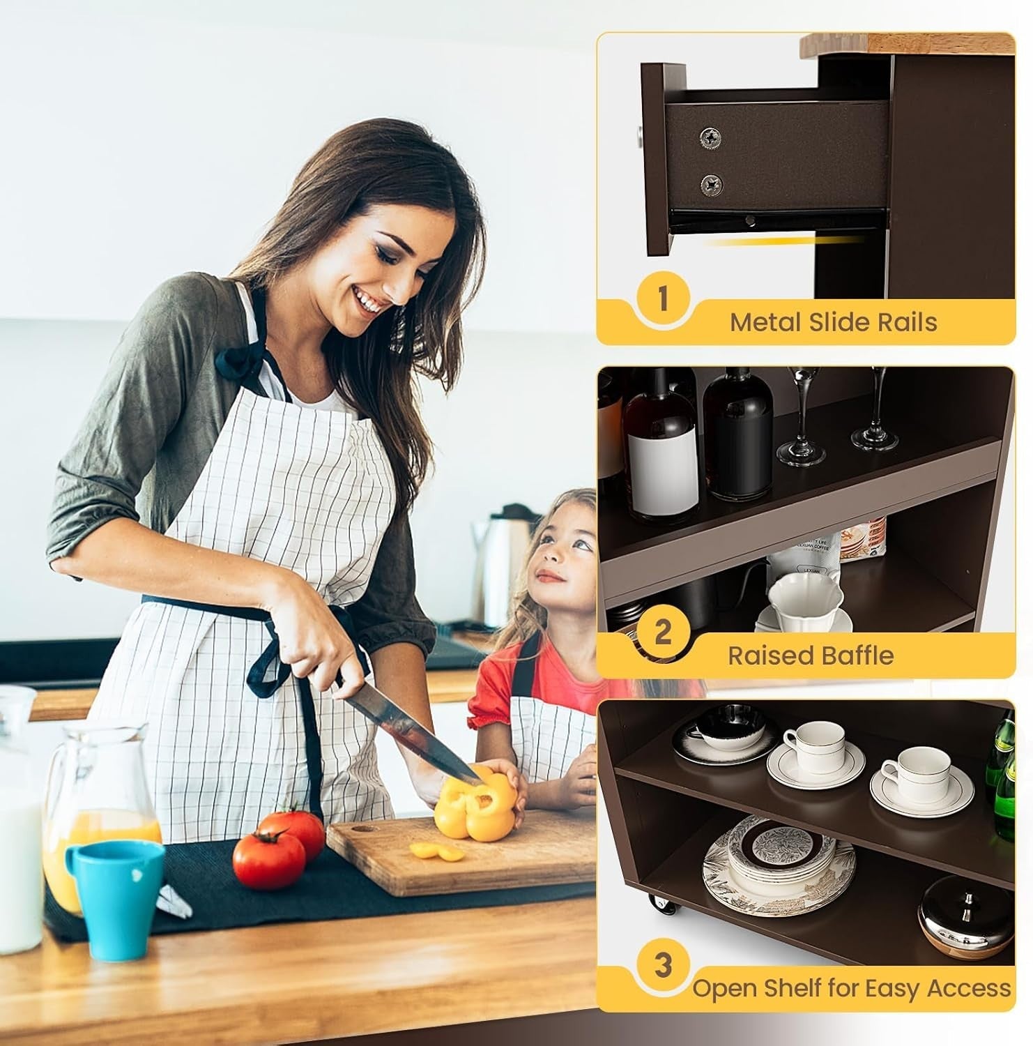 Rolling Kitchen Island Cart with Adjustable Shelves, Drawer & Rubberwood Top
