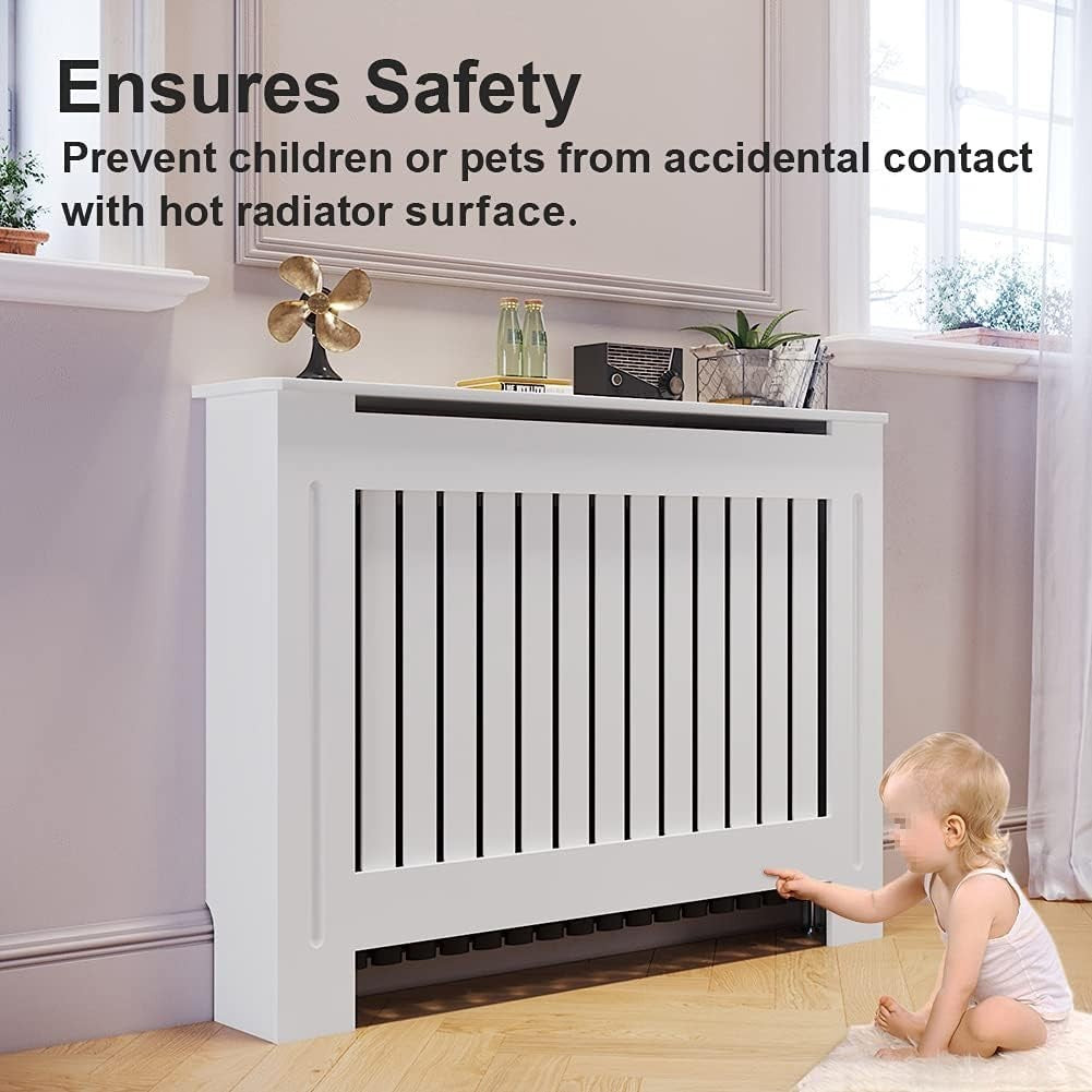 Small Radiator Cover Cabinet White Vertical Slat MDF Modern Heater Shelf Unit