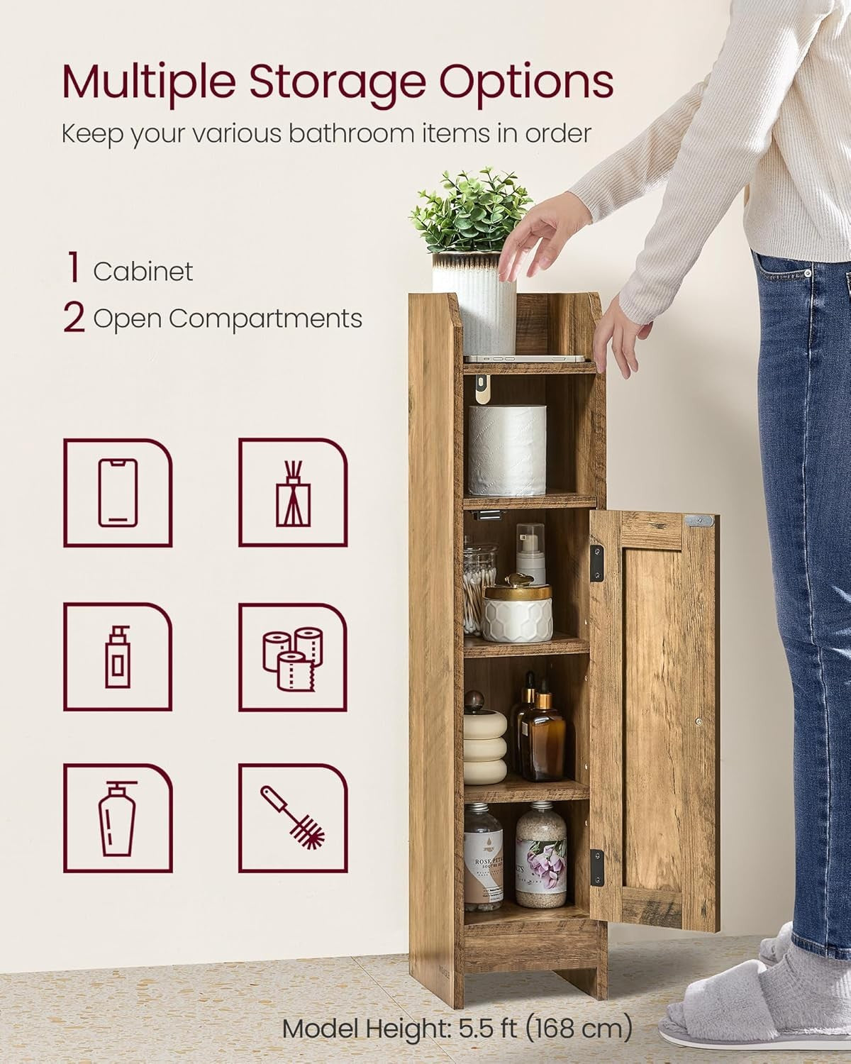 Slim Honey Brown Bathroom Storage Cabinet with Door, Adjustable Shelf & Narrow