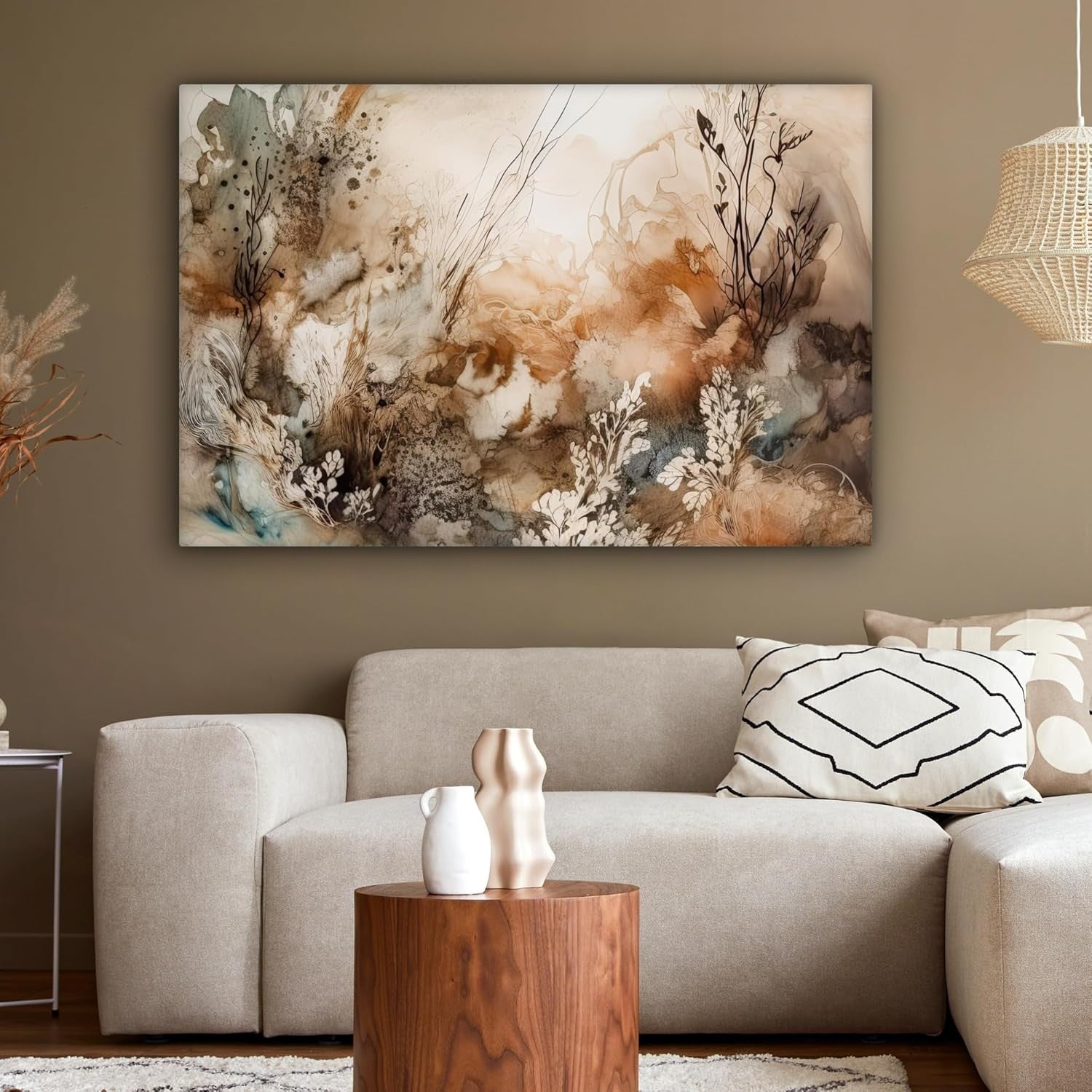 Large Abstract Floral Canvas Wall Art 120x80cm Beige Modern Living Room