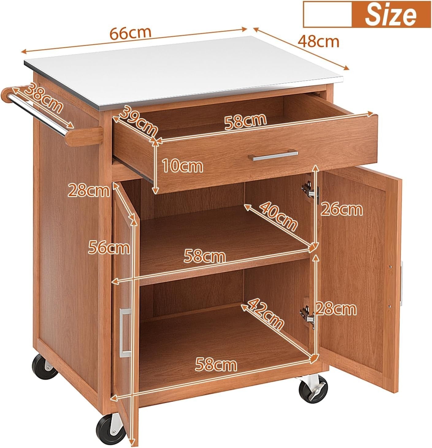 Kitchen Storage Trolley with Stainless Steel Top, Rolling Cart, Adjustable.