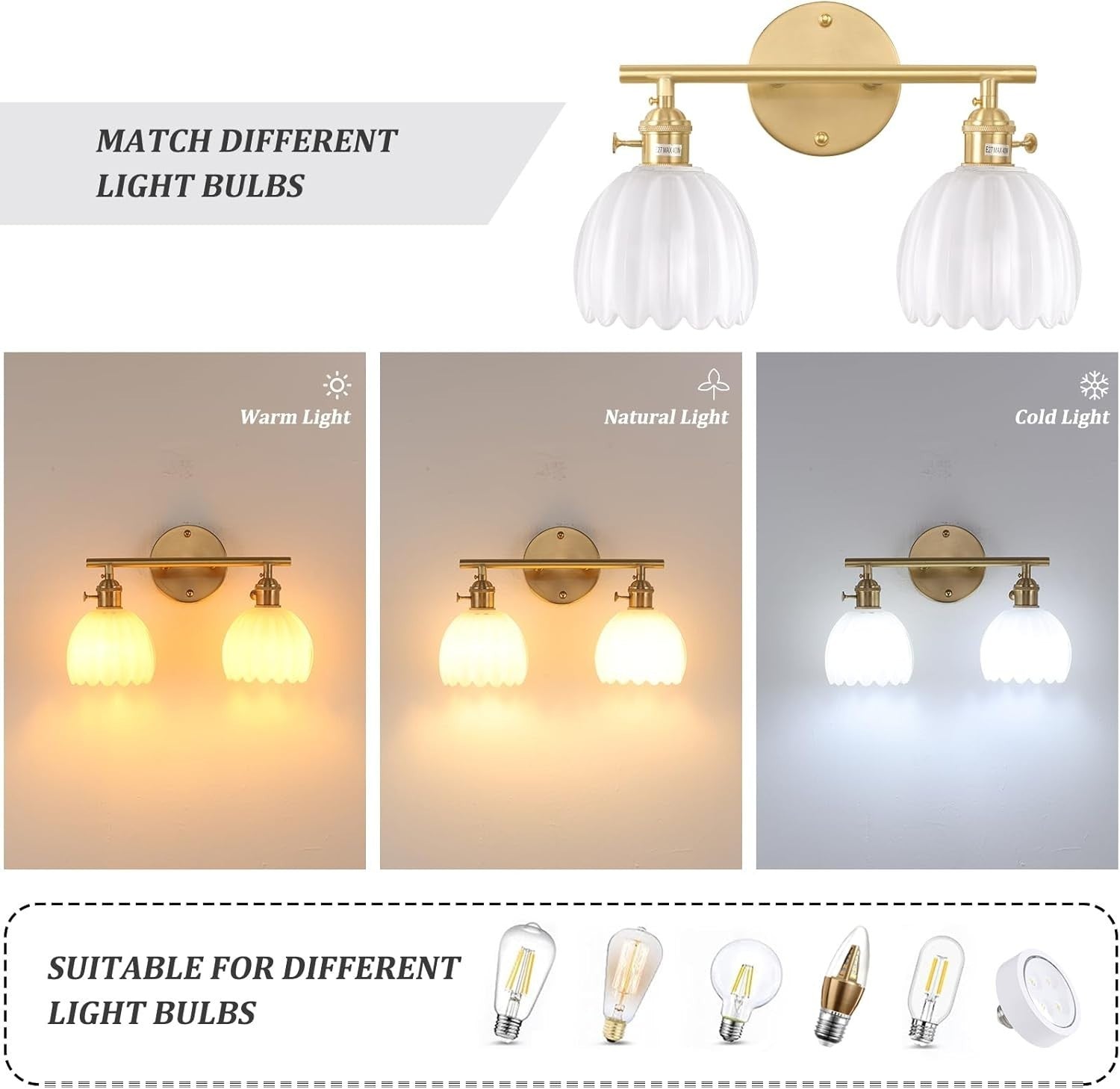 2-Light White Glass Wall Sconce Vanity Light Brass Fixture for Bathroom