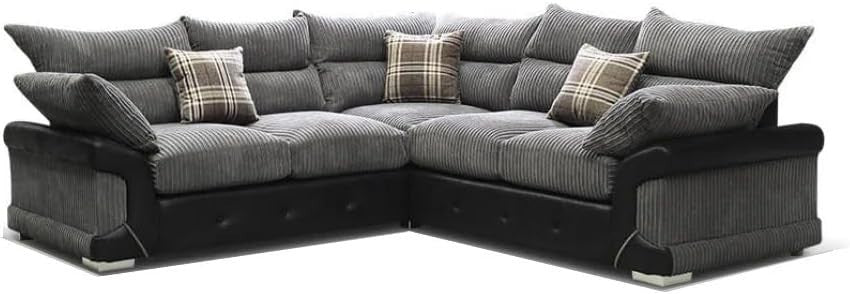 Grey L-Shape 5 Seater Leather & Fabric Sofa – Comfy Jumbo Cord Corner Couch