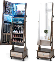 Coffee LED Jewellery Cabinet Lockable Full Length Mirror Mobile