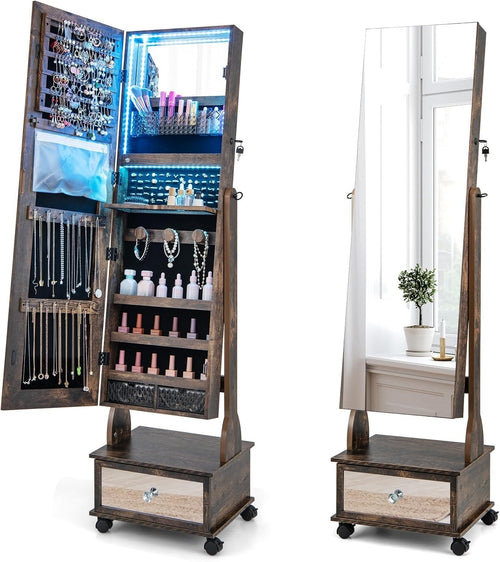 Coffee LED Jewellery Cabinet Lockable Full Length Mirror Mobile
